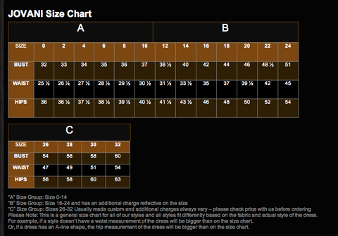 Jovani Size Chart